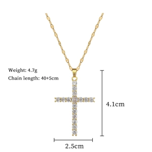 Detail of 4.1cm cross pendant necklace with clear zircons and gold plating specifications