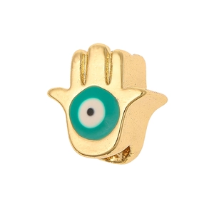 18K gold plated Hamsa hand charm with blue evil eye bead for DIY jewelry making
