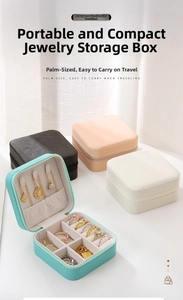 Close-up of portable PU leather jewelry box showing multiple compartments and colors