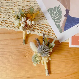 Handmade dried flower boutonniere set with mimosa and lavender for wedding party