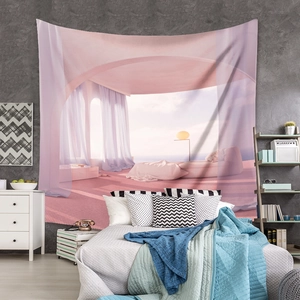 Detailed texture of bohemian tapestry featuring dreamy pink coastal terrace scenery
