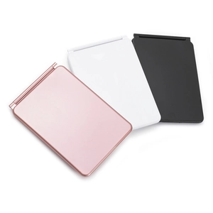 Three foldable travel LED makeup mirrors in pink, white, and black with a rectangular design