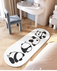 Plush white oval rug featuring cartoon panda patterns on a warm wooden floor