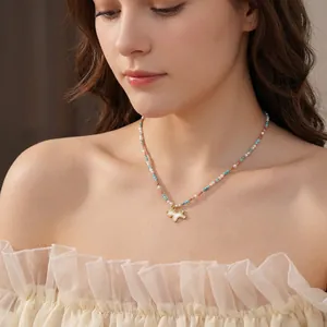 Colorful beaded necklace with pearl, turquoise and unicorn shell pendant for women