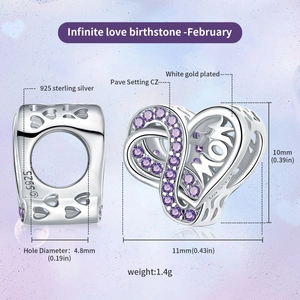 Detail of S925 sterling silver heart charm with purple zircon and MOM engraving