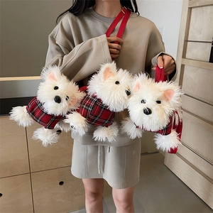 Cartoon Westie Dog Plush Crossbody Bag Red Tartan Vest Soft Animal Shape Handbag For Girls Cute Puppy Shoulder Purse