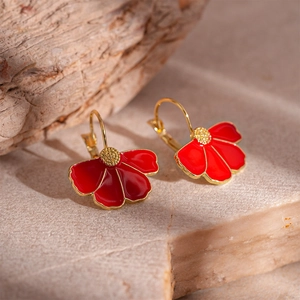 Vintage red enamel flower petal earrings with gold-plated geometric hoop for women