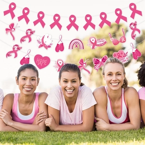 Pink ribbon breast cancer awareness banner set with hearts and butterflies for party events
