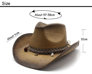 Western Stroh-Cowboyhut mit Maßangaben und ethnischem Zierband für Outdoor-Aktivitäten