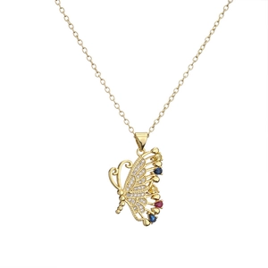 Golden butterfly necklace with colorful zircon gemstones and crystals on a thin chain