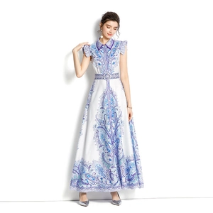 Elegant sleeveless lapel shirt dress with blue and purple paisley print on white fabric