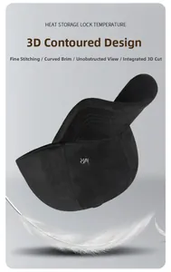Detail of warm black winter baseball cap with curved brim and metallic logo emblem