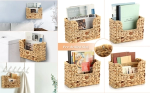 Detail showing pre-drilled slots on natural hand-woven seagrass wall magazine rack