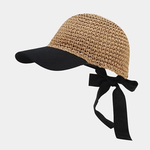 Straw Peaked Cap Woven Baseball Hat With Fabric Brim And Large Ribbon Bow Summer Sun Protection For Women Elegant