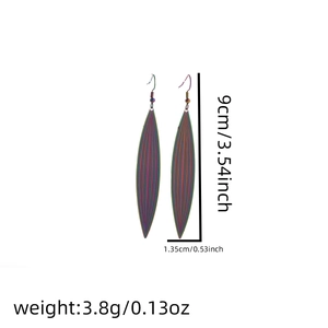 Detailed dimensions of iridescent feather leaf earrings measuring 9cm in length and 3.8g