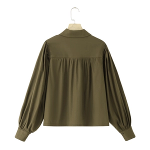 Army green long sleeve cotton shirt featuring puffy sleeves and pleated back detail