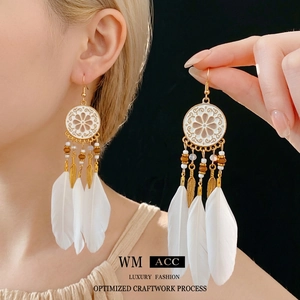 Boucles D'oreilles Attrape-Rêves En Plumes Avec Tige En Argent Alliage Perles De Cristal Style Ethnique Vintage Femmes