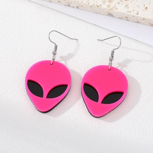 Pink acrylic alien head earrings with black eyes and silver hooks for Halloween style
