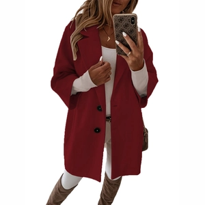 Manteau mi-long en laine rouge foncé pour femme avec col à revers et manches 3/4