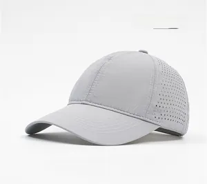 Detail of light gray quick-dry baseball cap featuring laser-cut ventilation mesh holes