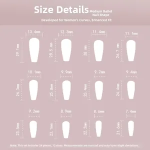 Size chart for medium ballet press-on nails showing 12 dimensions from 24pcs set