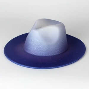 Detailed view of the gradient tie-dye wool felt fedora with a flat wide brim.