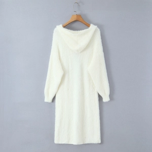 Detail of white mohair hooded cardigan showing the fluffy texture and thick knit fabric