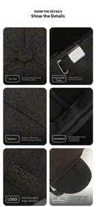 Detail shots of brown herringbone newsboy hat with ear flaps and metal buckle closure