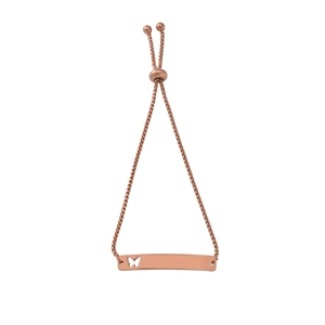 Close-up of rose gold box chain bracelet with hollow butterfly bar and slider clasp