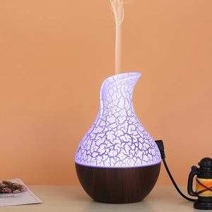 Dark wood grain ultrasonic humidifier with purple crackle glass and colorful LED lights
