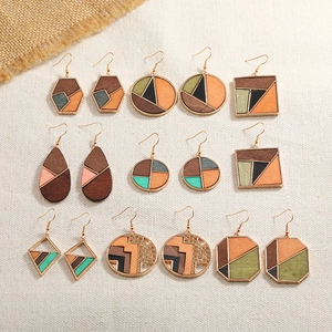 Boucles D'oreilles Géométriques Alliage Et Bois Épissage Couleur Contraste Style Vintage Boho Bijoux Pour Femmes