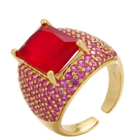 Iced out gold plated square red zircon ring with micro paved purple stones for men