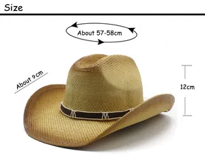 Detailed size chart for Western straw hat showing 9cm brim and 57-58cm circumference