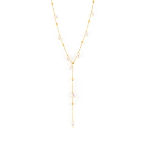 Elegant 18k gold plated Y-shaped lariat necklace featuring white shell pearls and gold beads
