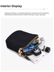 Three zippered compartments showing a power bank and keys to demonstrate storage capacity