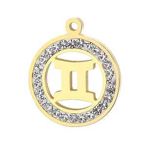 Golden stainless steel Gemini zodiac pendant with crystal halo and cutout design