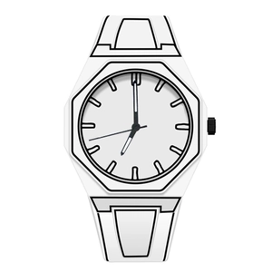 Minimalist white watch with 2D cartoon artistic lines and hexagonal bezel design