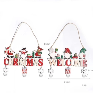Detail of wooden Christmas ornaments with festive patterns, bells and dimension specs