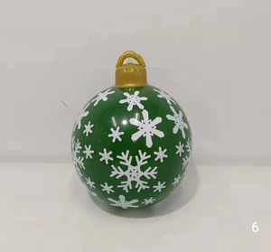 Detail of green 60cm PVC Christmas ball with white snowflake print and golden top ring