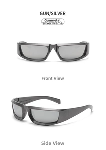 Front and side view of Y2K gunmetal sporty sunglasses with silver mirrored lenses
