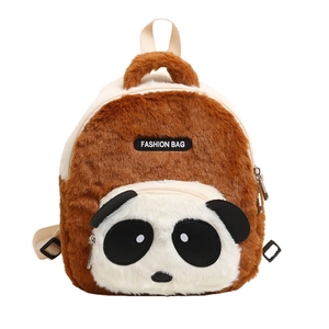 Cute brown and white plush panda backpack for kids with a soft texture and fashion label