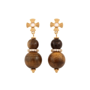 Tiger eye stone gourd drop earrings with cross star zircon and vintage gold finish