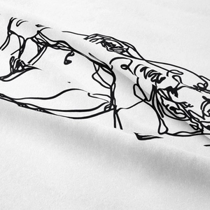 Macro shot of fine white knitted fabric texture with minimalist black line art printing