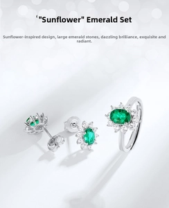 Detailed view of silver sunflower jewelry set with emerald center and diamond accents