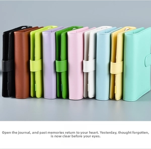 Detailed view of colorful A5 A6 A7 PU leather binder journals showing the side pen loop