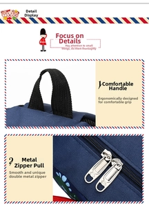 Detail of the navy blue kids dinosaur backpack featuring ergonomic metal zippers and handle