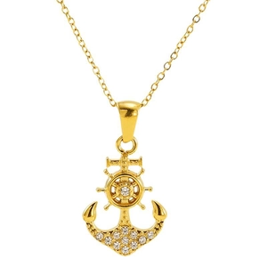 Gold plated anchor and helm necklace with white zircon stones for women in high polish