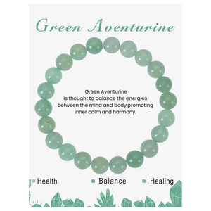 Detail of green aventurine beaded bracelet with balance and healing text description