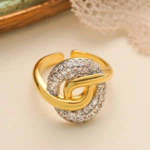 Luxe dual-tone open ring with intertwined geometric bands and pavé cubic zirconia