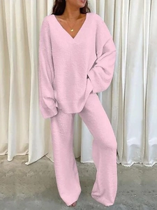 Pink V-neck long sleeve knit top and wide-leg trousers two-piece loungewear set for women